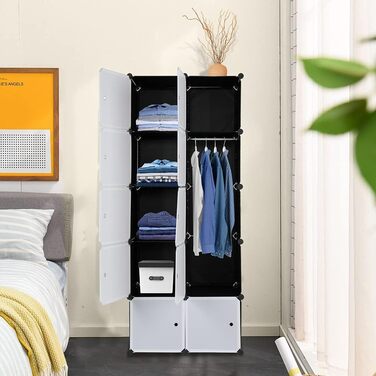 Regal system, 10 cubes, plastic wardrobe with doors, modular cabinet for space-saving storage, 70 x 45 x 175 cm, white door & black cabinet, for storing clothes, shoes, etc.