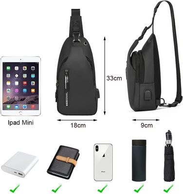 Чоловіча нагрудна сумка-слінг Brusttasche з USB-портом для зарядки, водонепроникна, чорна (#3 B)