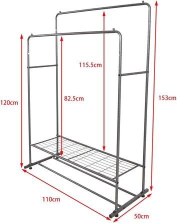 JURMERRY Freestanding Clothes Rack, Double Hanging Rod, High-Performance Metal with Shelf, Commercial Quality, Black