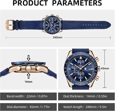 Годинник чоловічий BENYAR з коричневим шкіряним ремінцем, кварцовий хронограф, дата, календар, водостійкий, спортивний, з блакитним циферблатом (золотий корпус)