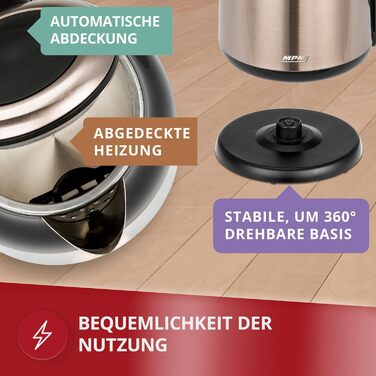 Електричний чайник MPM MCZ-85/G1, 1.7 л, без BPA, бездротовий, 360° обертання, антинакипний фільтр, автоматичне вимкнення, чорний, 2200W