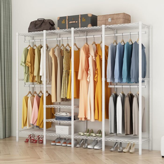 KZOBYD Clothes Rack, Coat Rack with 6 Height-Adjustable Shelves, Clothes Rail with 4 Hanging Compartments, Plenty of Space, for Bedroom, Living Room (White)