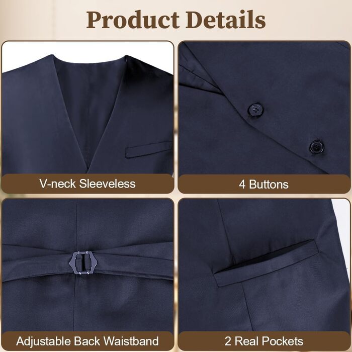 Чоловіча жилетка Casual Anzugweste Regular з кишенями, V-подібний виріз, повномірна жилетка, однотонна, вінтажна, готична, костюмна, для формальних заходів, весілля, ді-джеїв, бізнес-жилетка, темно-синій, XL