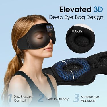 Маска для сну ZUMUSEN з навушниками Bluetooth V5.4, 3D маска для сну, повна світлонепроникність, регульована, для відпочинку, медитації, подорожей (Чорний)