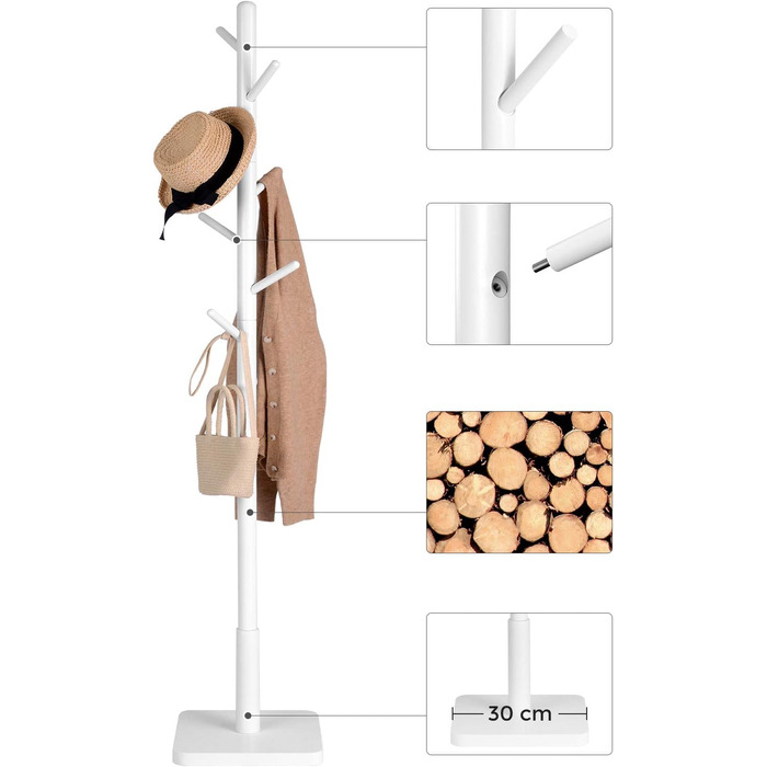 VASAGLE Coat Rack, Clothes Rack Solid Wood, Tree Shape Jacket Stand, 8 Hooks for Jackets, Hats, for Entryway, Hooks and Hold Bar Made of Rubber Wood, Cloud White RCR010W02