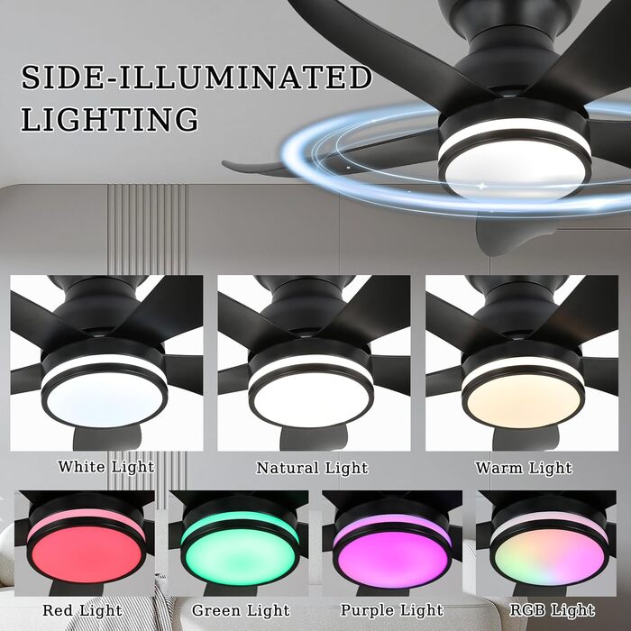 30-дюймовий стельовий вентилятор з підсвічуванням RGB, диммирування, керування пультом та додатком, 6 швидкостей, таймер, чорний, діаметр 76 см
