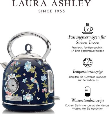 Laura Ashley Elveden Stainless Steel Cordless Electric Kettle - 1.7L, 2.2kW, with Temperature Display & Overheat Protection