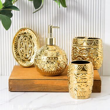 Набір аксесуарів для ванної кімнати, 4 шт. з золотим декором: мильниця, дозатор для мила, стакан та тримач для зубних щіток