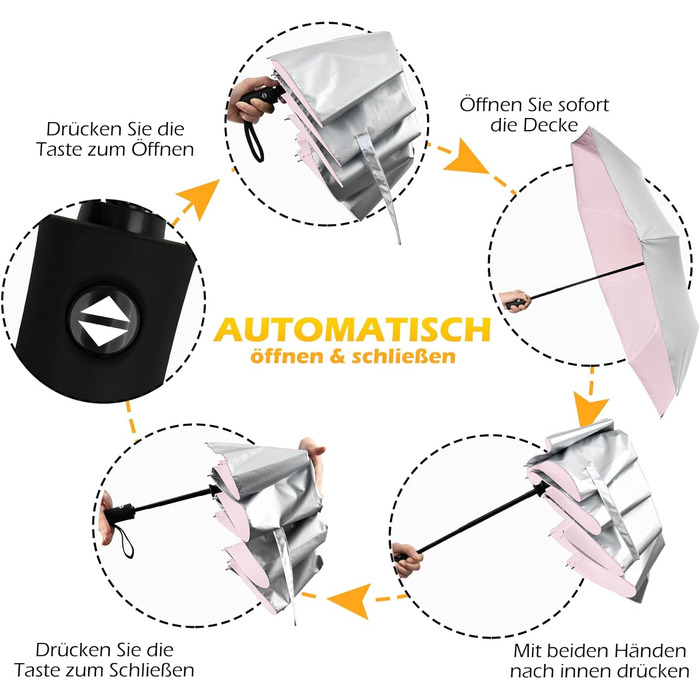 Зонт від сонця та дощу 42/46 дюймів, стійкий до вітру, з 8 ребрами, автоматичний, для чоловіків та жінок (срібний/рожевий)