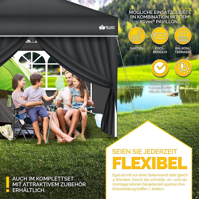 tillvex® 4-Sided Wall for Gazebo 3x3m | Foldable Gazebo Side Walls Water-Repellent | Side Windows & Zipper | Side Walls for Garden Tent Party Tent