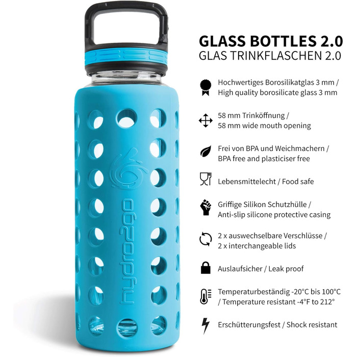 Glass Drinking Bottle with Silicone Sleeve – 100% Leak-Proof, BPA-Free, Dishwasher Safe, 2 Replaceable Lids – Ideal for Office, Fitness, Yoga, Sports & Outdoor – 950 ml (Coral Blue 2.0)