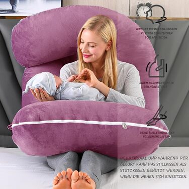 Подушка для вагітних CALIYO J-подібної форми, подушка для годування XXL, бічне положення, 180x70 см, бавовняна підкладка (фіолетовий)