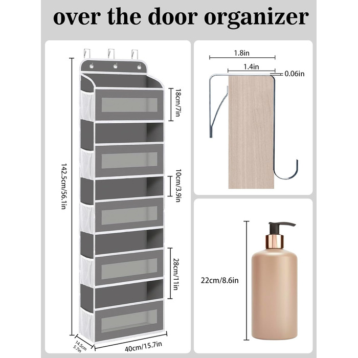 Організатор для дверей з 5 відділеннями, настінна полиця з прозорим вікном для підгузків, іграшок, кемпінгу, ванної кімнати, спальні, 1 шт., темно-сірий