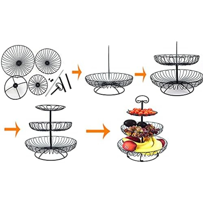Металевий кошик для фруктів та овочів з ручкою - 3 яруси, великий, з нержавіючої сталі, з циркуляцією повітря (45 см, Ø30-24-16.5 см), золотий
