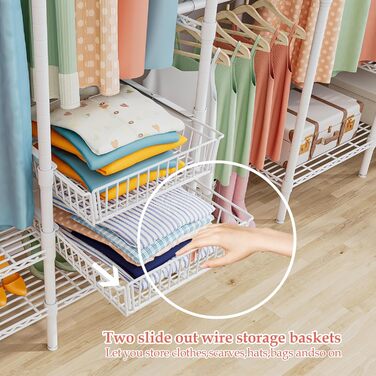 Важкий металевий вішак для одягу, розширюваний відкритий гардероб з 2 висувними кошиками, (249-297) x 40 x 192 см, білий