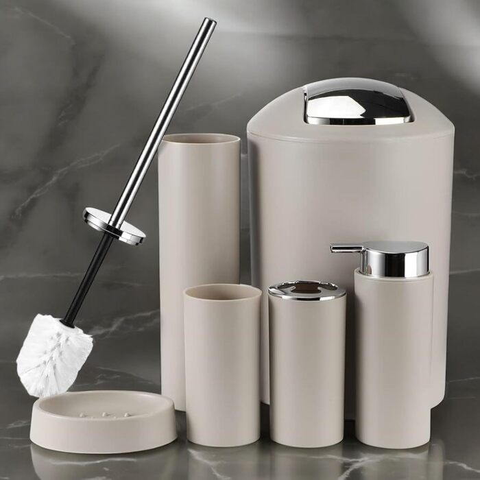 Набір аксесуарів для ванної кімнати 6tlg Badset: мильниця, стакан для зубних щіток, відро для косметики, щітка для унітазу з тримачем, мильниця, сміттєвий бак, тримач для зубних щіток, набір для ванної кімнати (бежевий дизайн 2a)