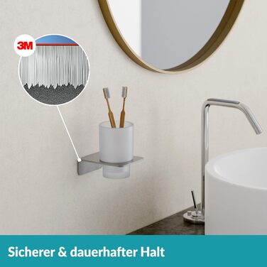 WEISSENSTEIN Toothbrush Holder without Drilling | Cup and Toothbrush Holder to Glue to the Wall | Stainless Steel Holder and White Glass | in Silver