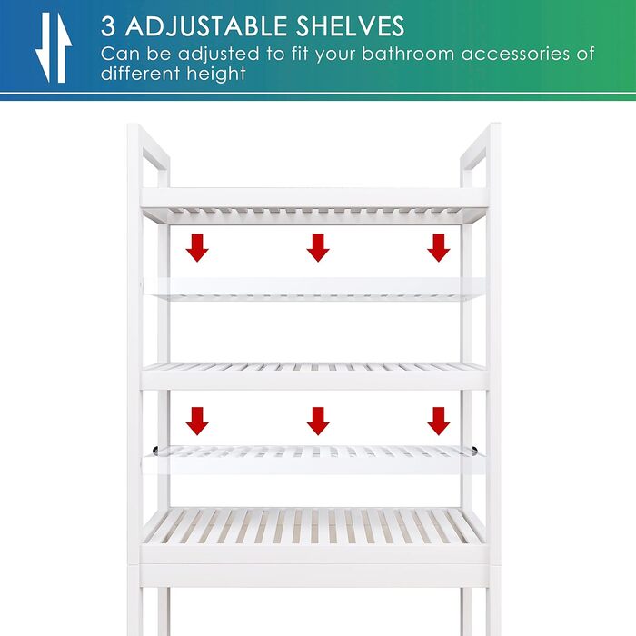 SMIBUY Toilet Shelf, Bamboo Toilet Rack, Adjustable Washing Machine Shelf, Bathroom Shelf with 3 Storage Shelves, Space-Saving, Easy to Assemble, White