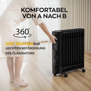 Електричний масляний радіатор Heinrich з 13 ребрами, 2500W, з вентилятором, терморегулятором, захистом від перегріву та нахилу, чорний