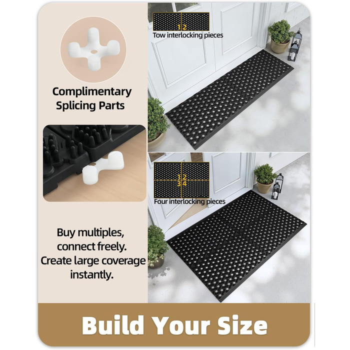 Килимок для порогу COLOR&GEOMETRY Null Geruch TPE, Heavy Duty, 43x75 см, чорний. Екологічний, не потребує обслуговування, антиковзаюча, для дому, тераси, гаража.