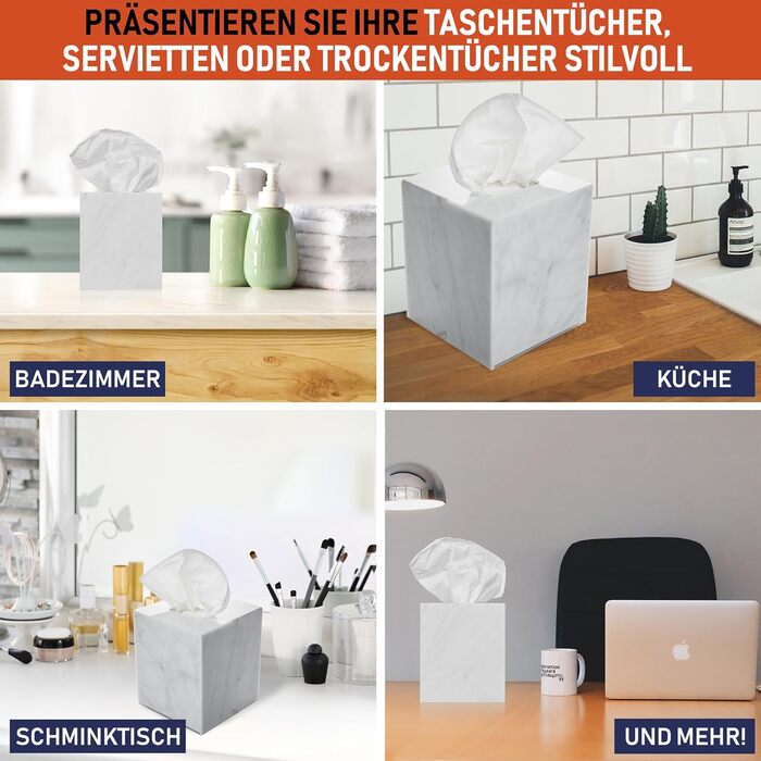 Acrylic tissue holder, transparent tissue box for cosmetic tissues, napkins, and lint-free cloths. Perfect for bathrooms, desks, workspaces, and vanity tables (Square, Marble)