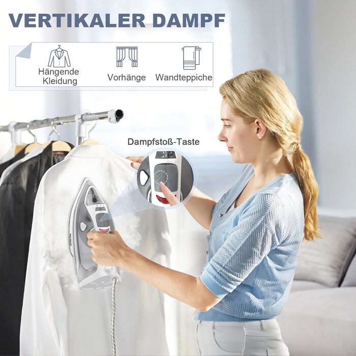 Пароочисник 2300W з антипригарною підошвою, 300 мл резервуар, постійна подача пари 25 г/хв, паровий удар 150 г/хв, самоочищення, захист від накипу та запобігання протіканню. Великий об'єм.