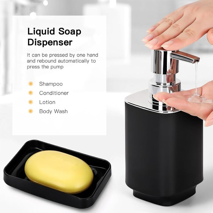 Сучасний набір для ванної кімнати на 6 предметів (білий) з дозатором мила, тримачем для зубних щіток, мильницею, WC-щіткою, відром та стаканом (чорний метал)