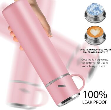 Термос IAGORYUE з нержавіючої сталі, 0.55л, з ізоляцією та кришкою без витоку, з ручкою. Подвійні стінки, зберігає температуру 12 годин. Для спорту, офісу, відпочинку на природі (Рожевий)