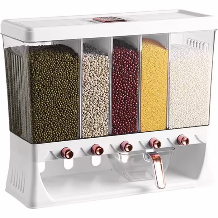 Wall-mounted whole grain dispenser with large capacity, travel bucket, food dispenser, rice storage container, multiple compartments, automatic dispensing for kitchen, rice grains, beans (luxury ivory)