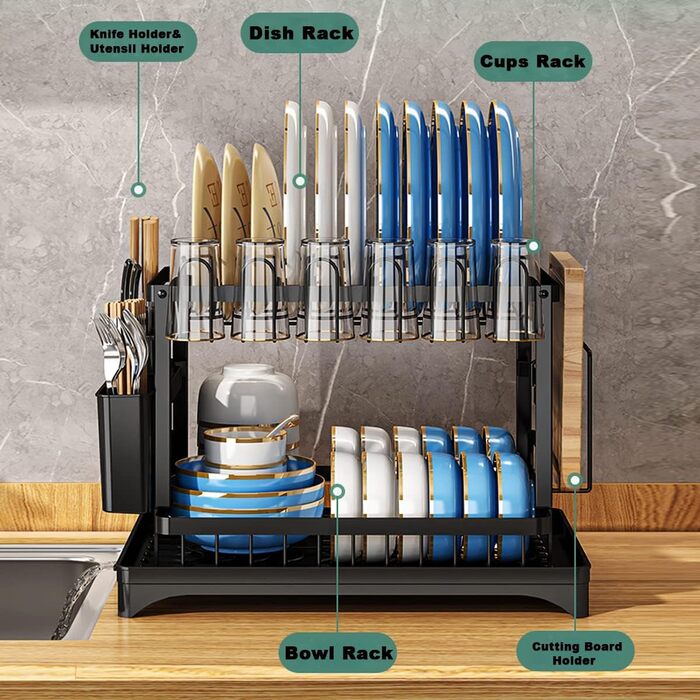 Сушарка для посуду Moufier з 2 ярусами, з піддоном та тримачем для кухонного приладдя, нержавіюча сталь