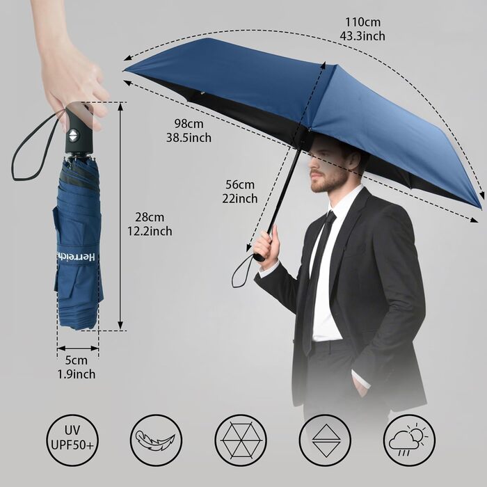 Компактний туристичний парасолька Herreicher з автоматичним відкриванням - легкий, складаний, портативний, з UV-захистом (UPF50+) для чоловіків та жінок (блакитний)