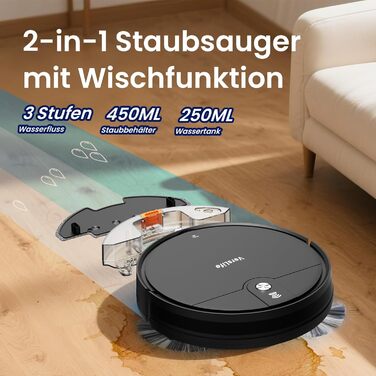 Робот-пилосос VersLife L6 з функцією миття, 4000Pa, керування через додаток, Alexa, до 120 хвилин роботи, ультратонкий дизайн, для шерсті тварин, килимів та твердих підлог, чорний