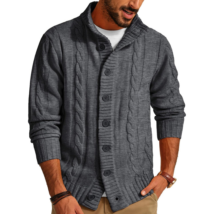 Чоловічий в'язаний кардиган PJ PAUL JONES з ґудзиками, візерунок коси, для осені/зими, темно-сірий, розмір M
