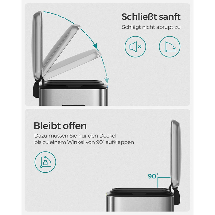 SONGMICS Відро для сміття 40 л з 2 відсіками (2 x 20 л), металевий третемер з пластиковим внутрішнім відром, Softclose, герметичний, білий LTB40WT (срібний)