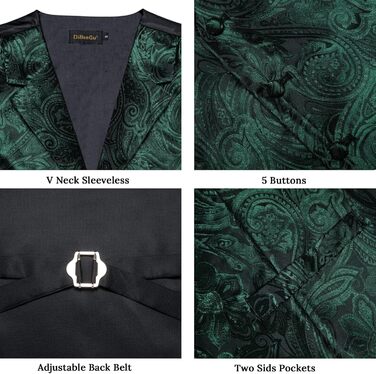 Костюмний комплект DiBanGu: жилет, краватка, нагрудна хустка, запонки, лапєль-кліп (7 предметів) з паєчним візерунком, смарагдовий колір, XL