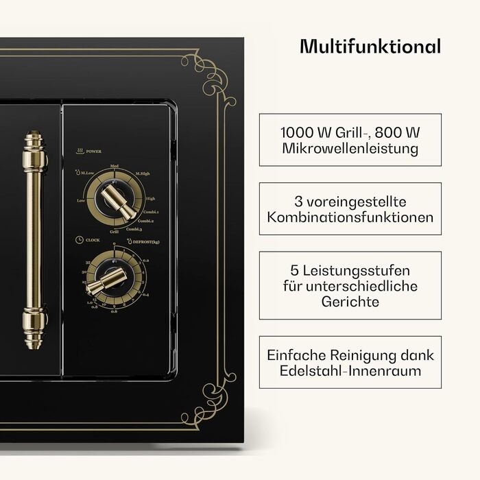 Мікрохвильова піч Klarstein Victoria 20 - вбудована, 20 л, 800 Вт, 1000 Вт гриль, 3 функції, нержавіюча сталь, з рамкою, чорна