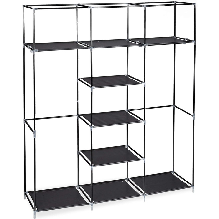 Relaxdays Fabric Clothes Closet, 9 Compartments, 2 Clothes Rails, HBT: 173 x 148 x 43 cm, Camping, Cellar, Folding Closet, Fabric, 10019122-139 (Black)