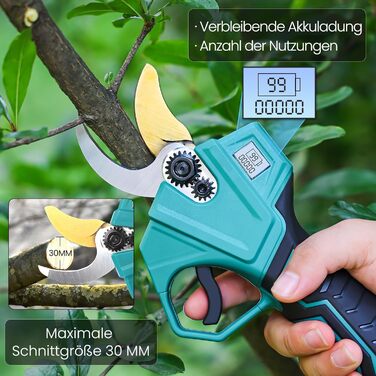 Cordless Pruning Shears, Cordless Tree Pruning Shears, Max 30MM Cutting Diameter, Professional Electric Garden Shears with Safety Switch, 2x2000mAh 21V Batteries, LCD Display, Charger, for 6-8 Hours of Operation
