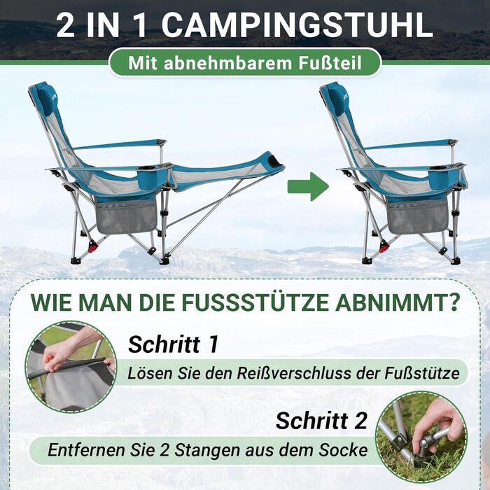 Кемпінговий стілець-шезлонг WEJOY 2-в-1: складаний стілець для пляжу та відпочинку з регульованою спинкою, підставкою для ніг, тримачем для напоїв, сірий/блакитний