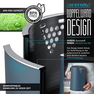 Набір чайник та тостер Arendo SET з нержавіючої сталі, блакитний. Чайник 1,5л, регулювання температури 40-100°C, тостер на 4 тости з LED-дисплеєм, 6 ступенів підсмажування та підставка для бургерів.