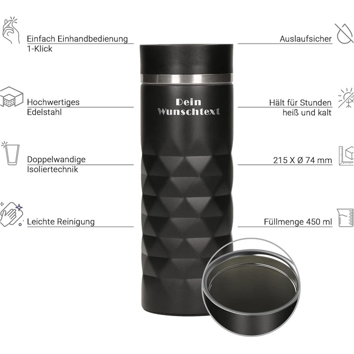 Термокружка з нержавіючої сталі Elasto, 450 мл, з індивідуальною гравіюванням, чорний Onyx (100% без витоку, термоізольована)