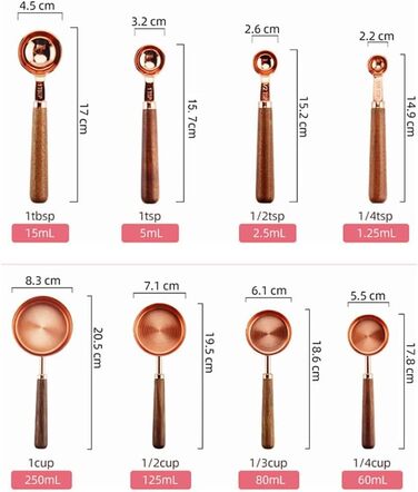 8-Piece Stainless Steel Measuring Spoon Set with Walnut Handle, Copper Measuring Cup Set for Baking and Cooking