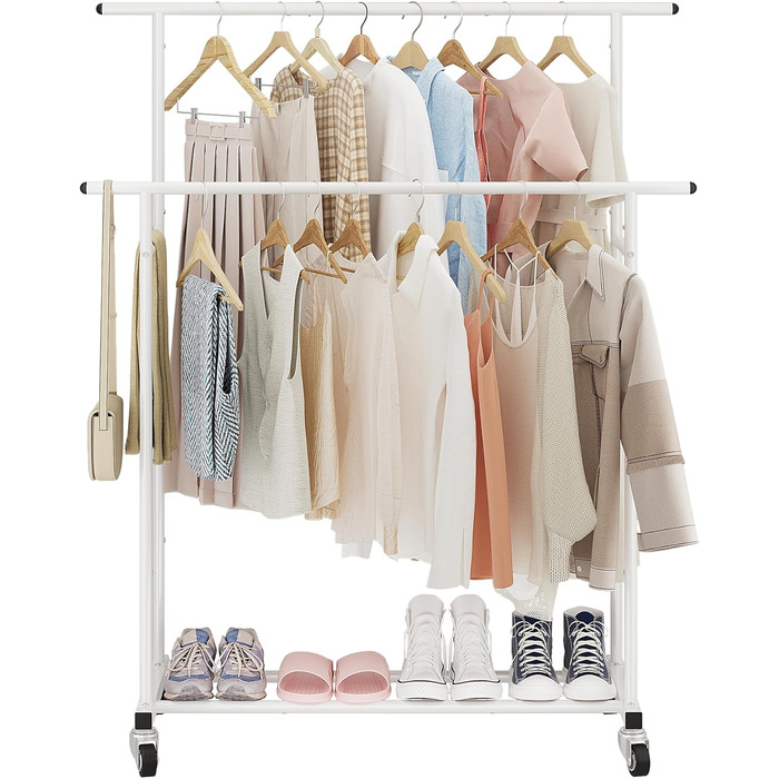 Підвісна штанга для одягу Calmootey з подвійною перекладиною, мобільна, для спальні, вітальні, магазину одягу, біла