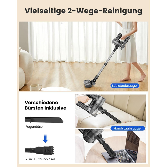 Бездротовий пилосос Proscenic P13: акумуляторний, 45KPa, 550W, 45 хв, з сенсорним екраном, зелене підсвічування, зарядний блок для стіни, анти-намотування, для килимів, твердих поверхонь, автомобіля, шерсті тварин (сірий)