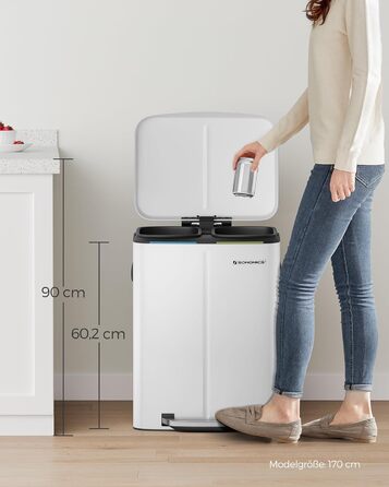 SONGMICS Відро для сміття 40 л з 2 відсіками (2 x 20 л), з педаллю, з металу, з пластиковим внутрішнім відром, з кришкою та ручками, Softclose, герметичне, біле LTB40WT