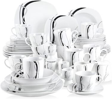 VEWEET FIONA 50-Piece Dinnerware Set, 6 Place Settings, Porcelain Dinner Set consisting of dinner plates, dessert plates, soup plates, cereal bowls, coffee cups, coffee mug set, egg cups, milk and sugar set