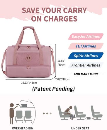 Спортивна сумка WANDF для ручної поклажі в літак (45x36x20 см) з відділенням для взуття та мокрих речей, рожева