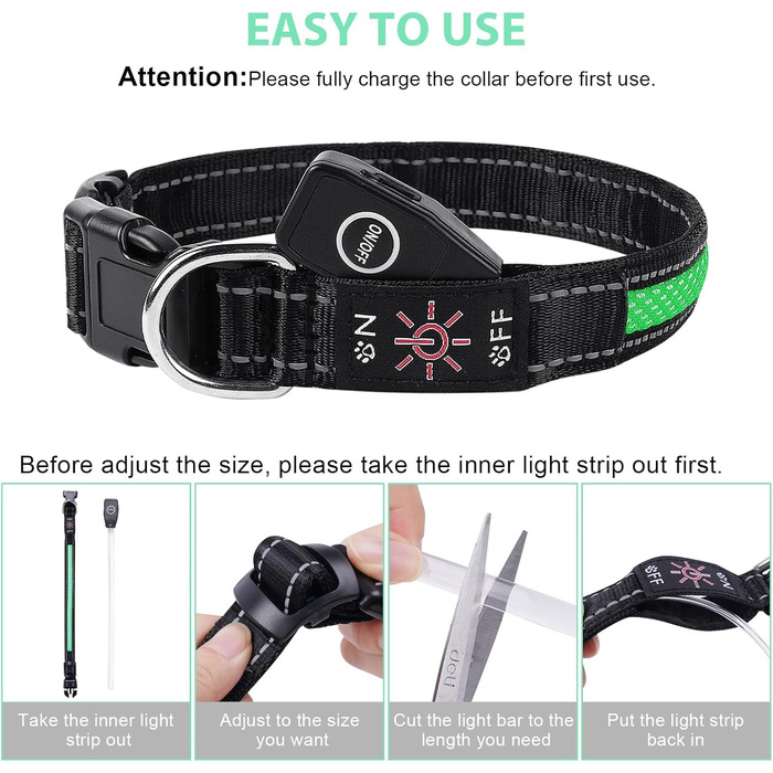 Світловідбиваючий нашийник для собак AUAUY з LED підсвіткою, USB-зарядка, водонепроникний, регульований, безпечний, 6 кольорів (-S), S(11.8-15.7'/30-40 cm) (Зелений)