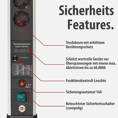 Бренненштуль Premium-Protect-Line Розподільник розеток 6-фазний з захистом від перенапруги 60 000 A (з вимикачем та 3м кабелем, Made in Germany) Срібний/чорний, Нова версія Single