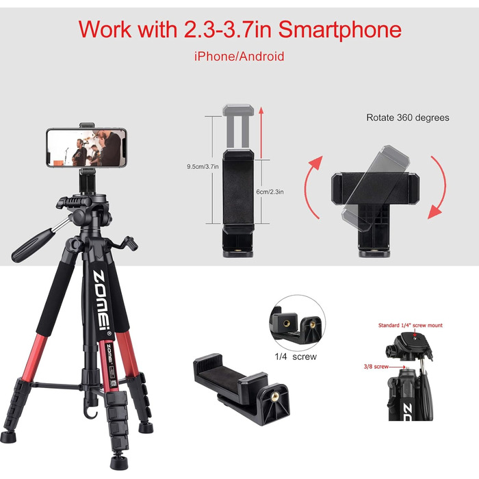 Штатив ZOMEi 188 см, професійний, для DSLR, телефонів, проекторів, телескопів (чорний/червоний)